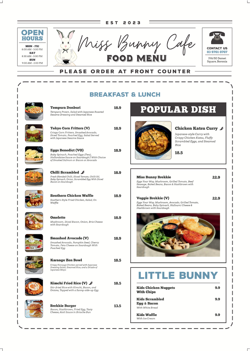 Menu, Miss Bunny Café