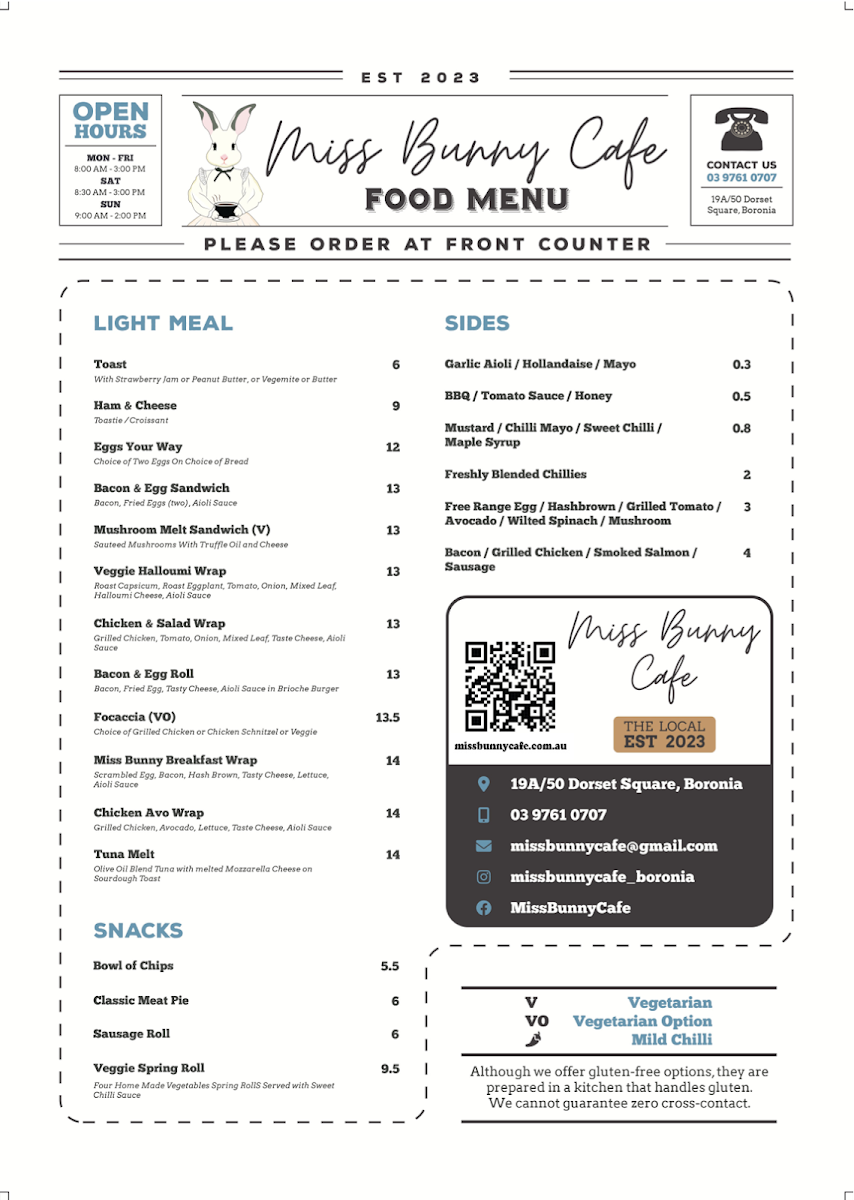 Menu, Miss Bunny Café