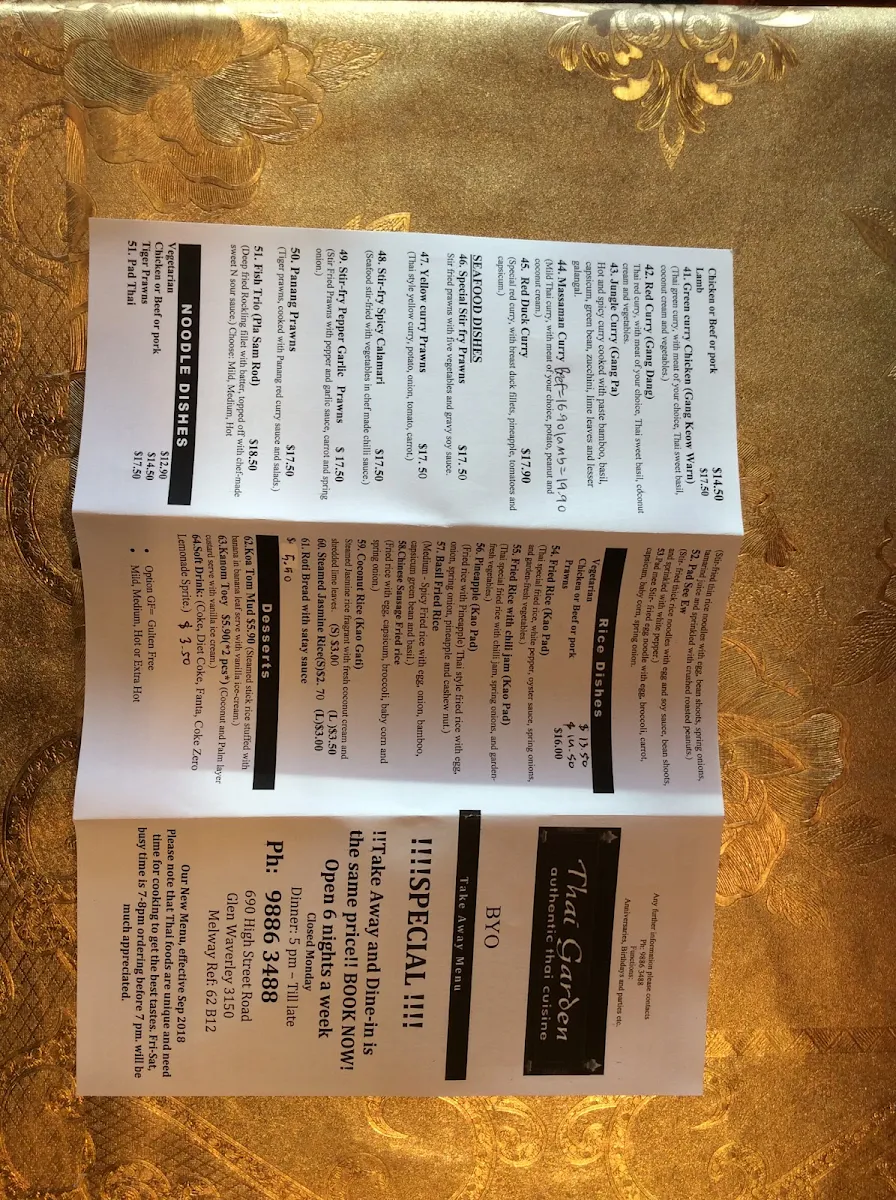 Menu, Thai Garden
