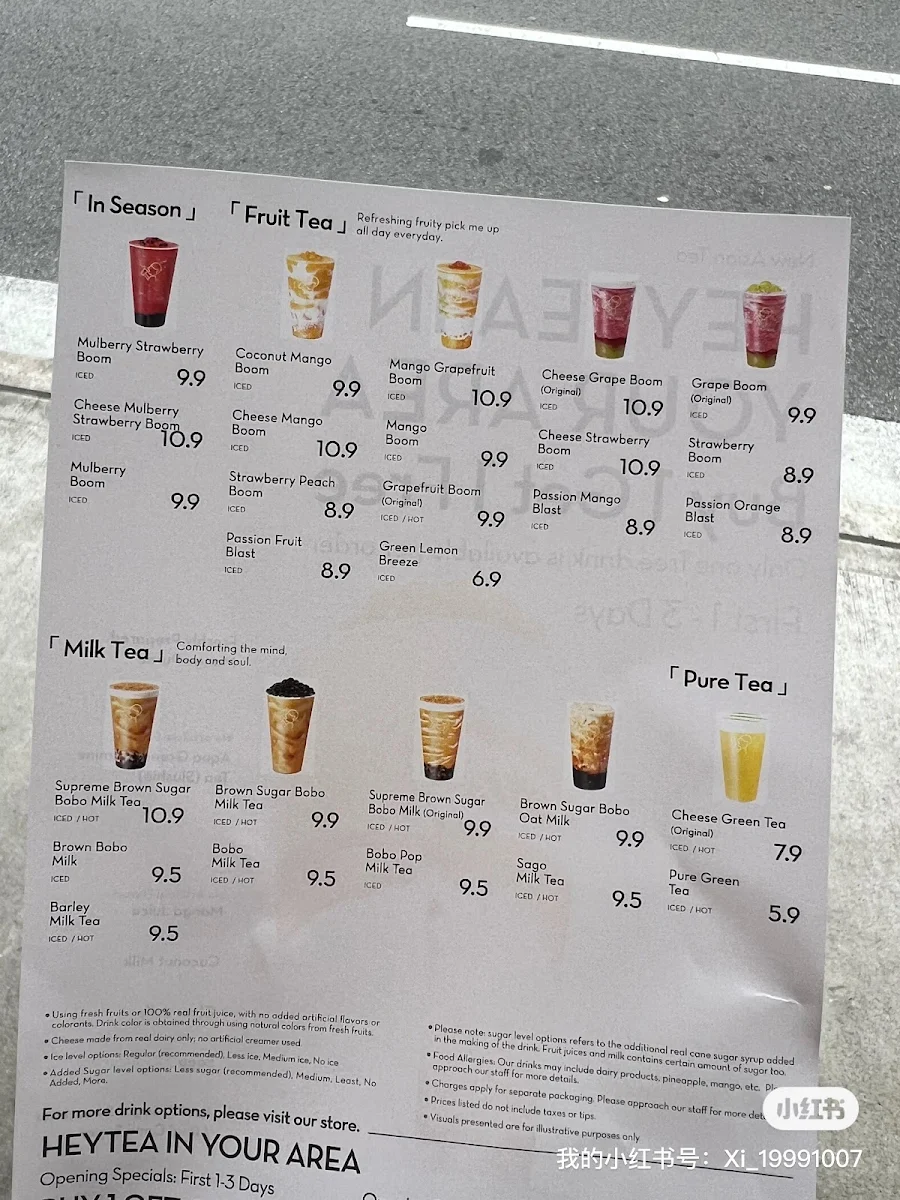 Menu, heytea (Burwood)