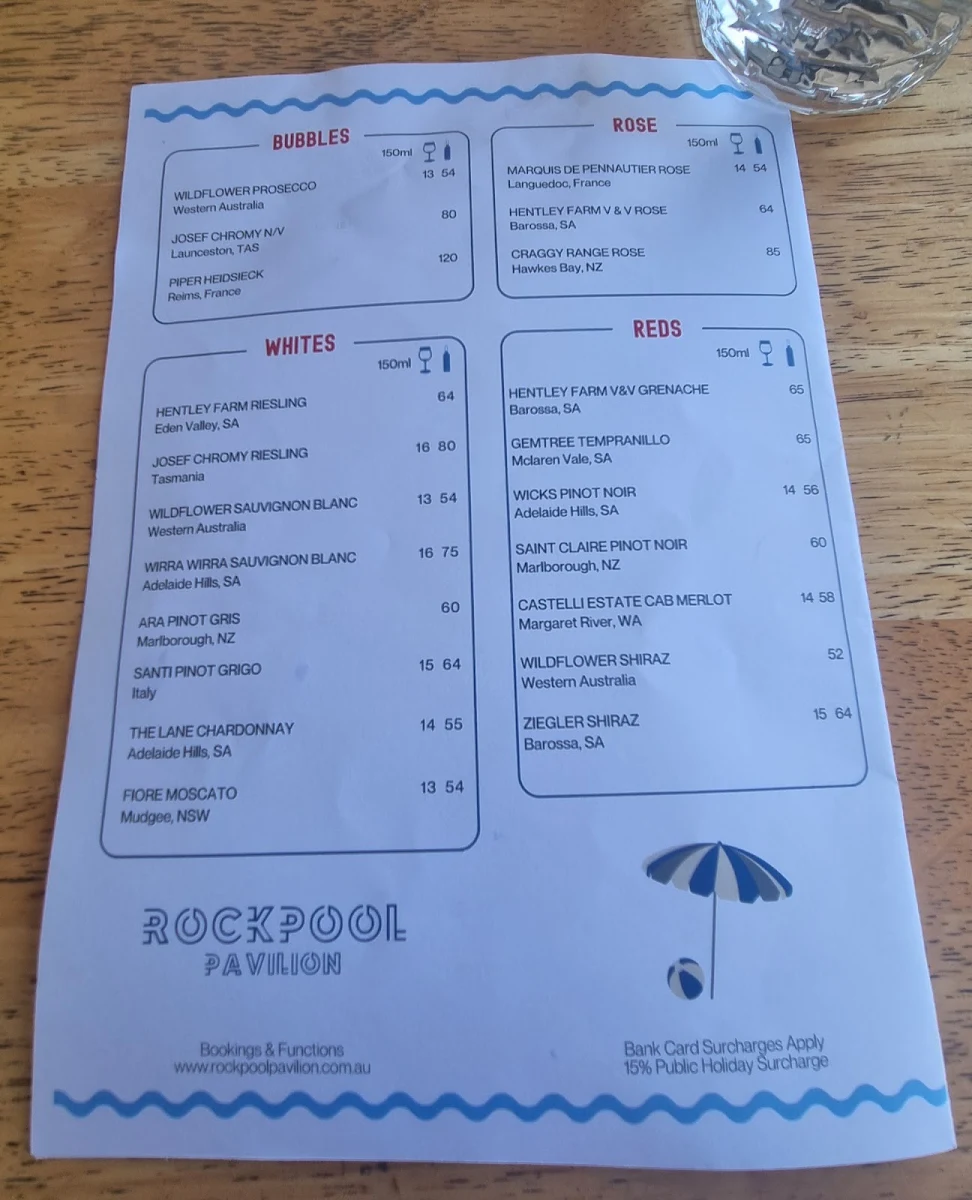 Menu, Rockpool Pavilion