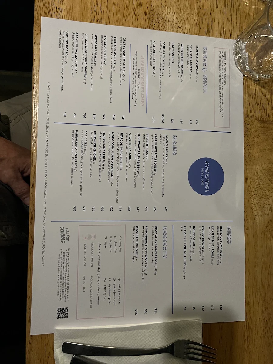 Menu, Rockpool Pavilion