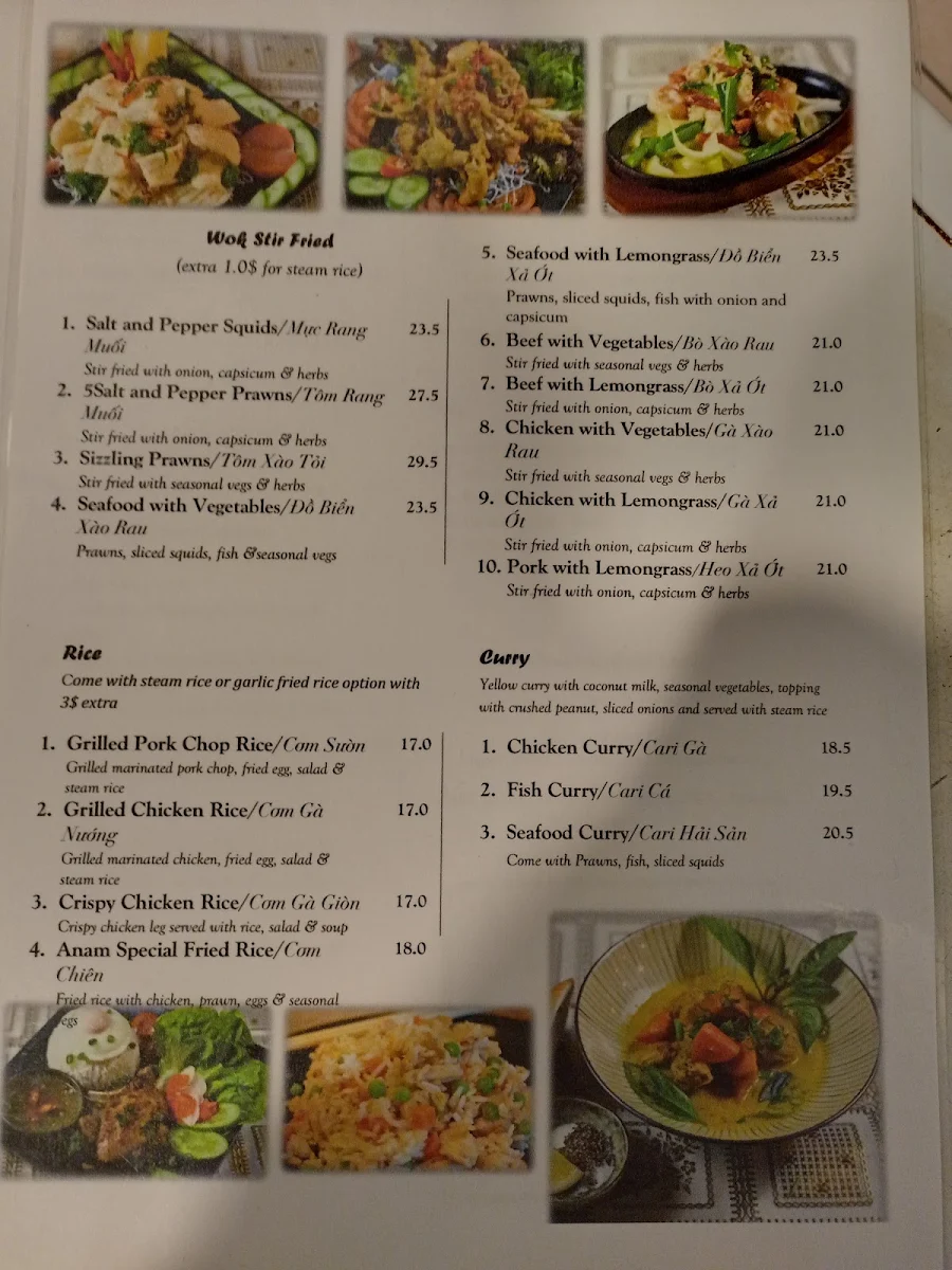 Menu, Anam Restaurant