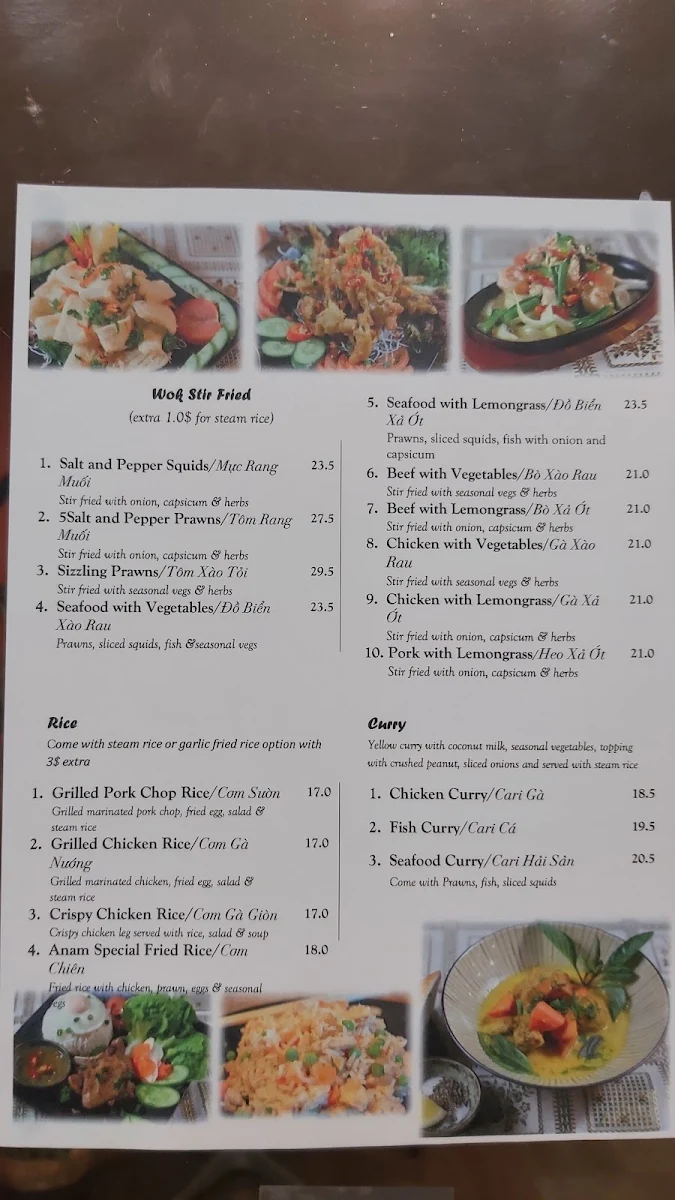 Menu, Anam Restaurant