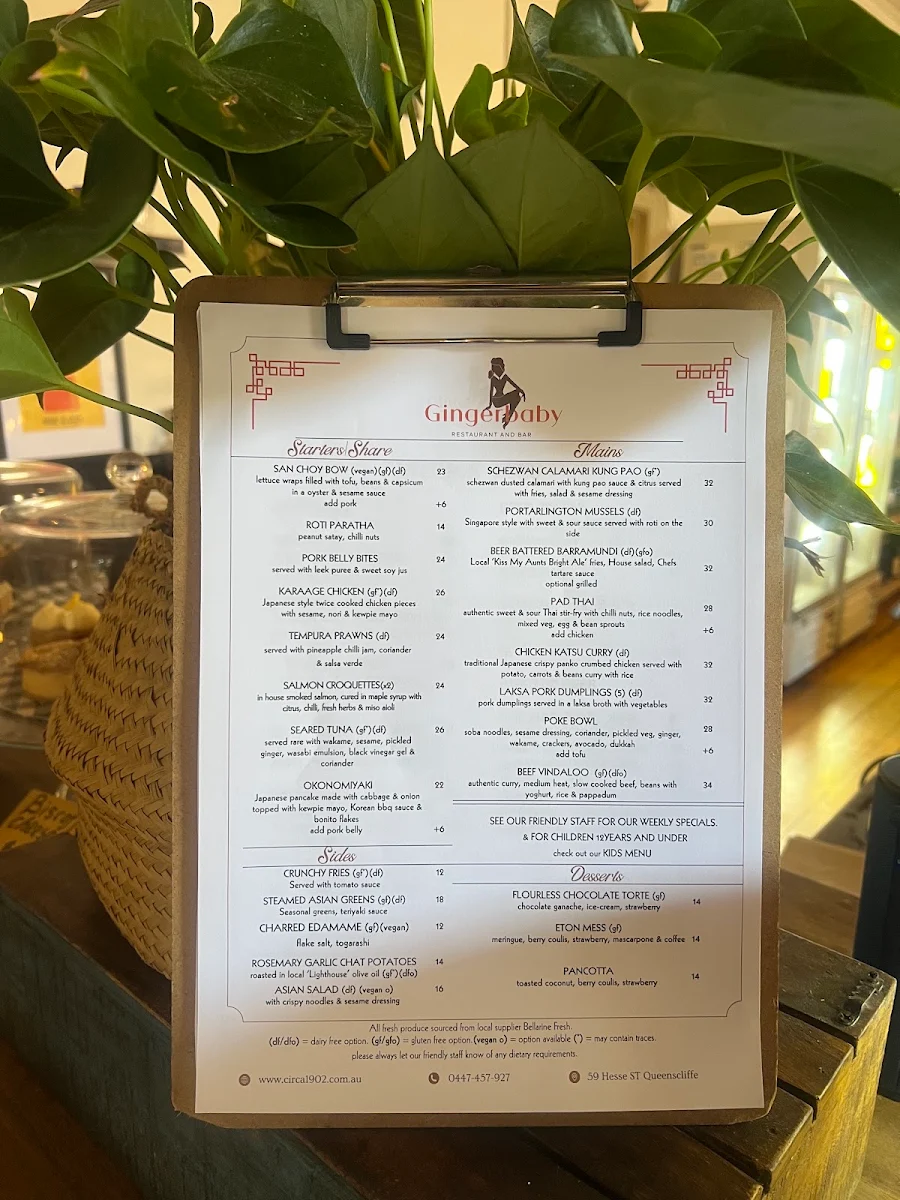 Menu, Circa 1902 Accommodation Gingerbaby Restaurant