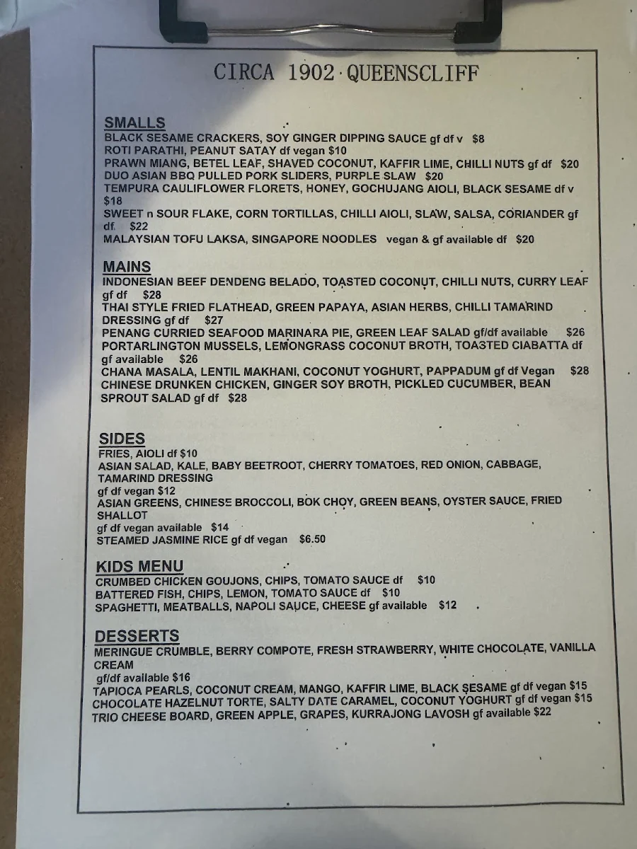 Menu, Circa 1902 Accommodation Gingerbaby Restaurant