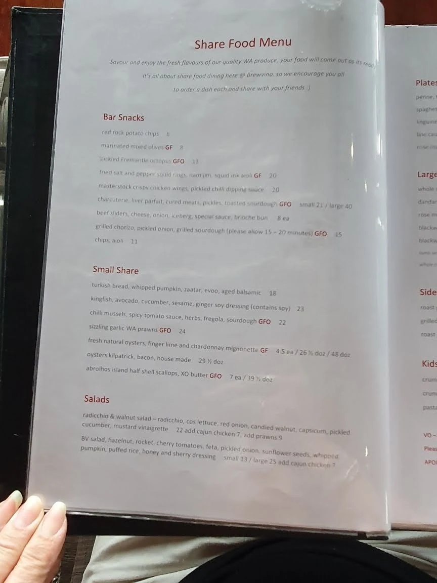 Menu, Brewvino Bar