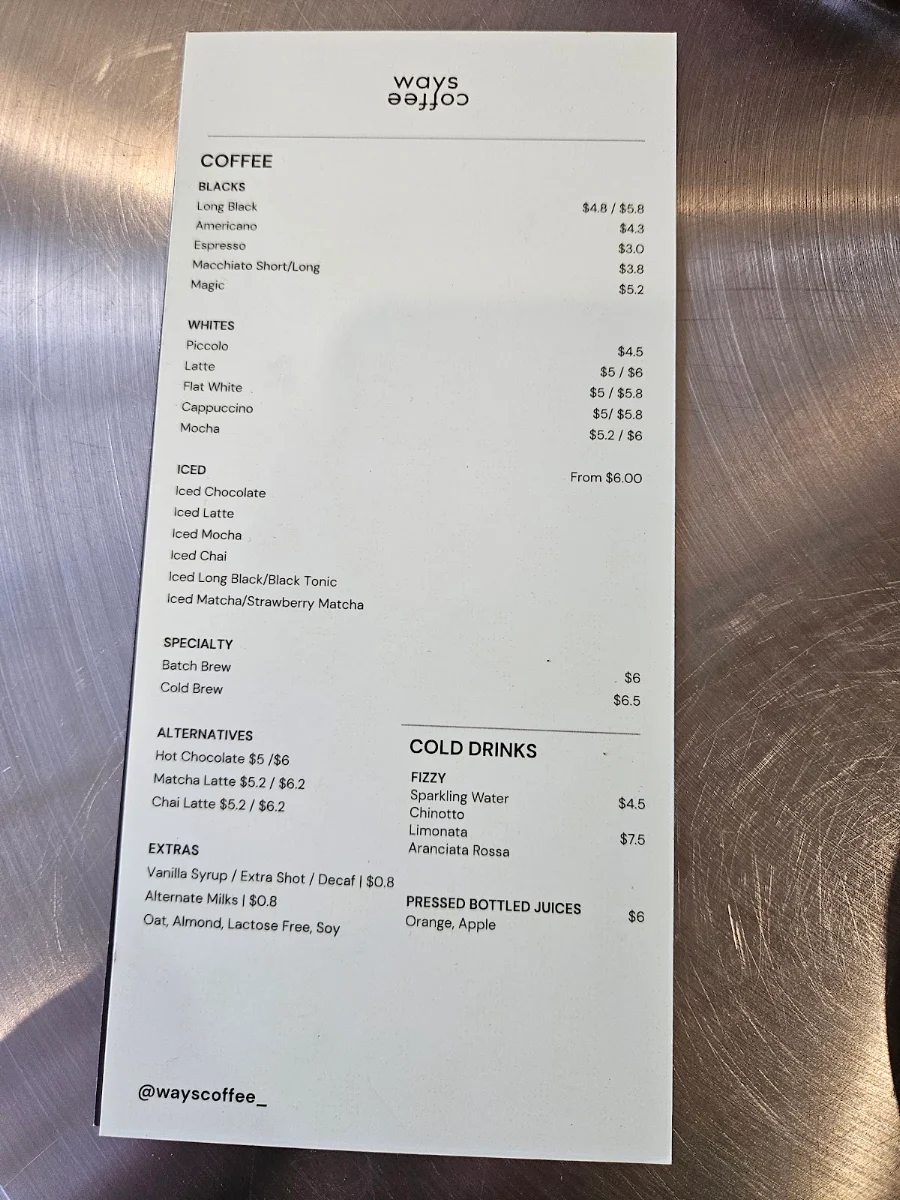 Menu, Ways Coffee