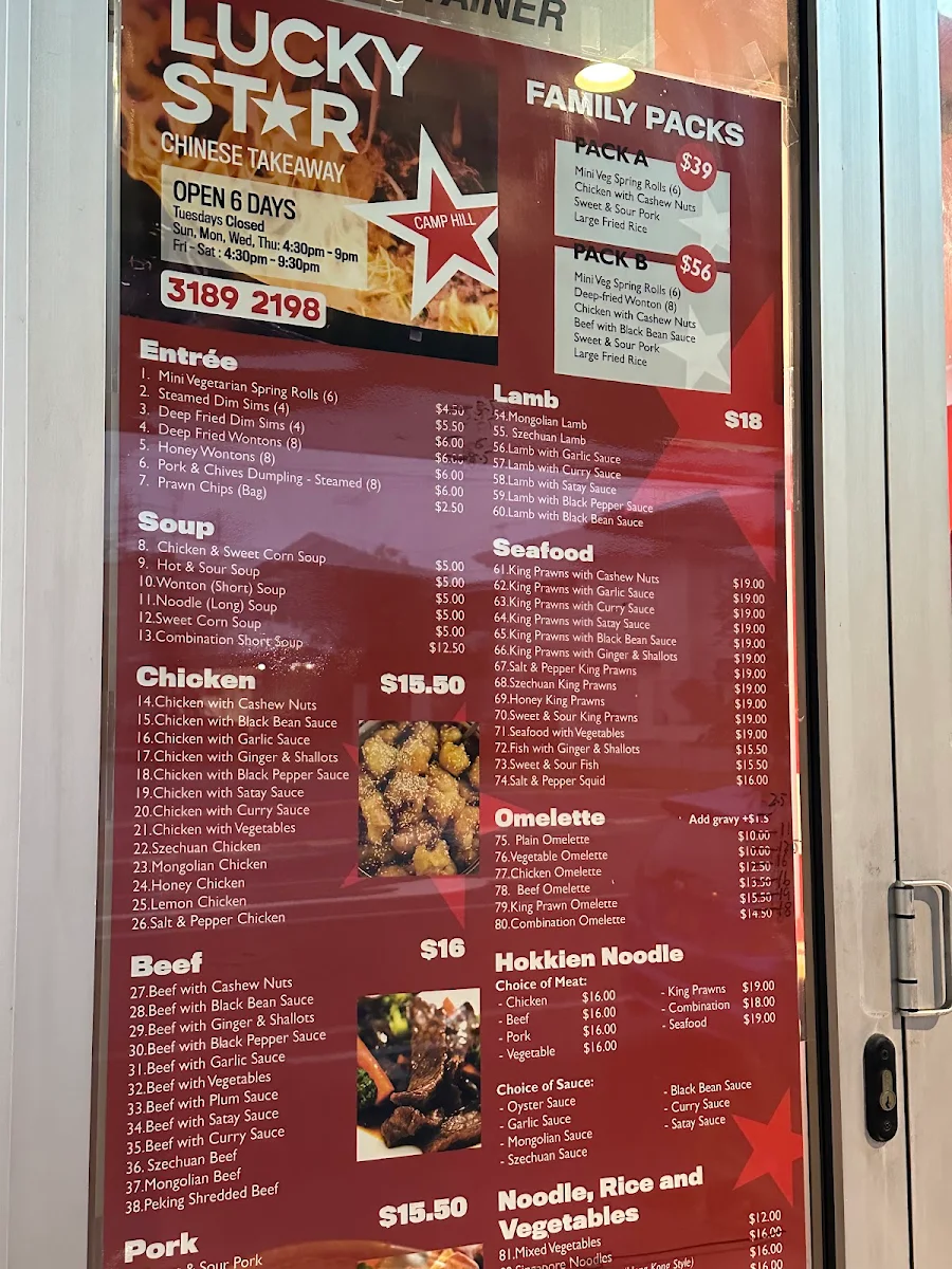 Menu, Lucky Star Chinese Takeaway