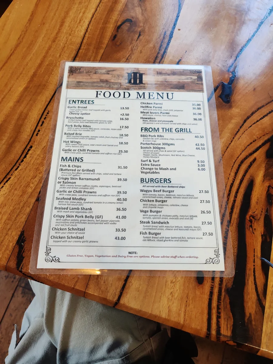 Menu, The Imperial Homestead