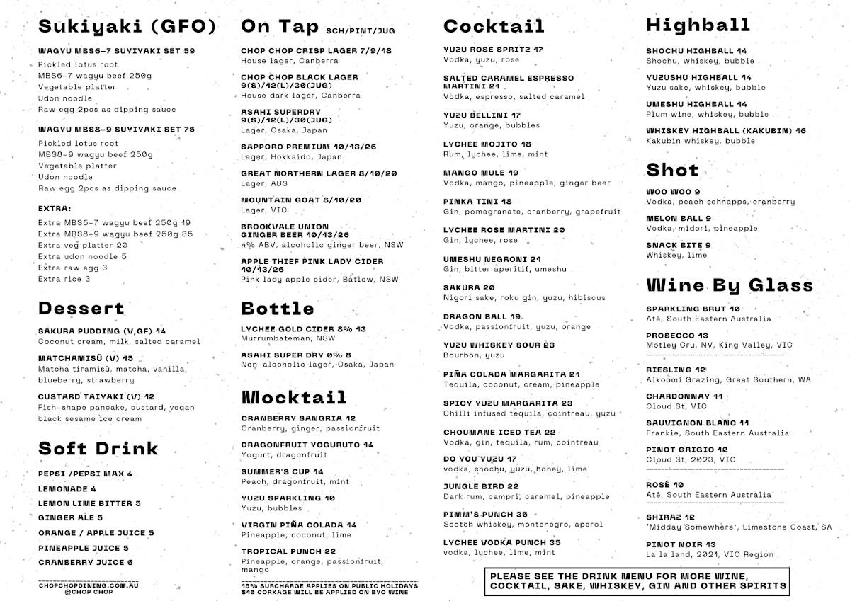 Menu, Chop Chop Dining Japanese Restaurant