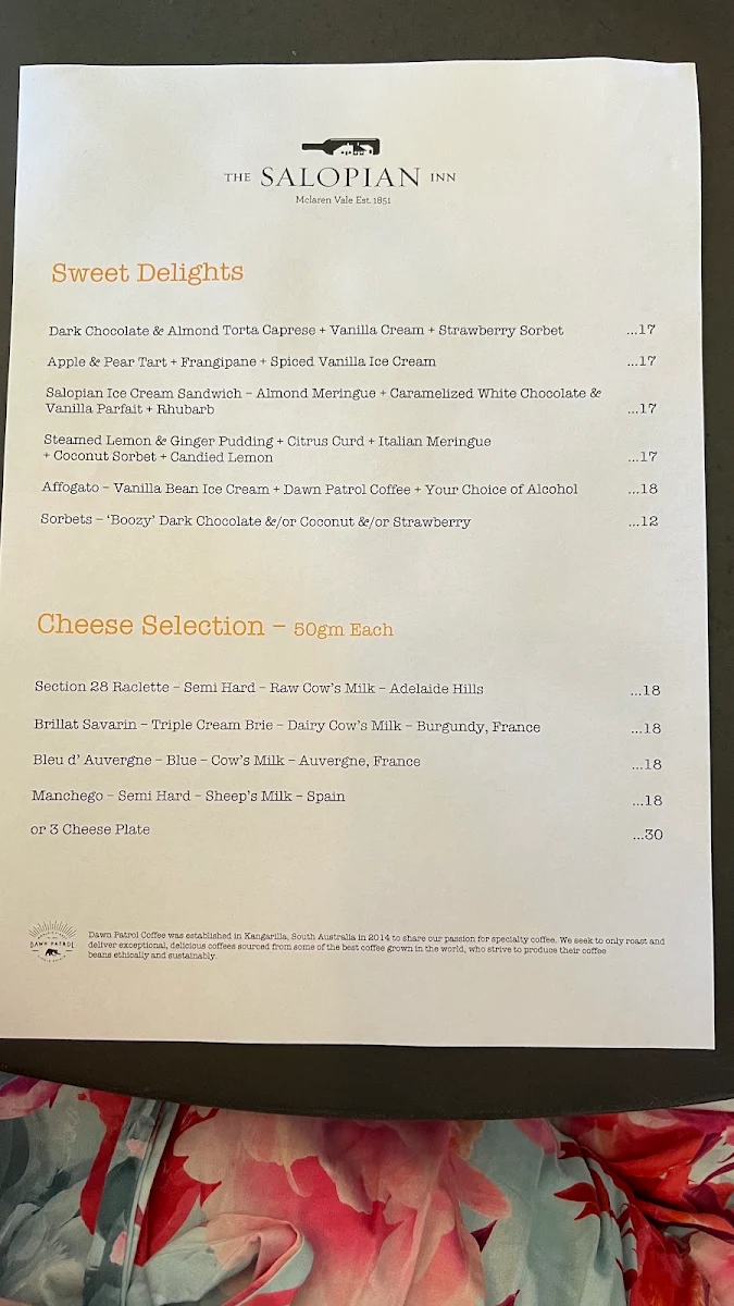 Menu, The Salopian Inn