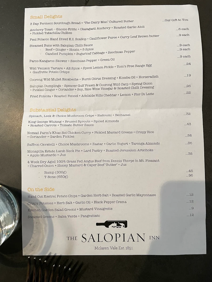Menu, The Salopian Inn
