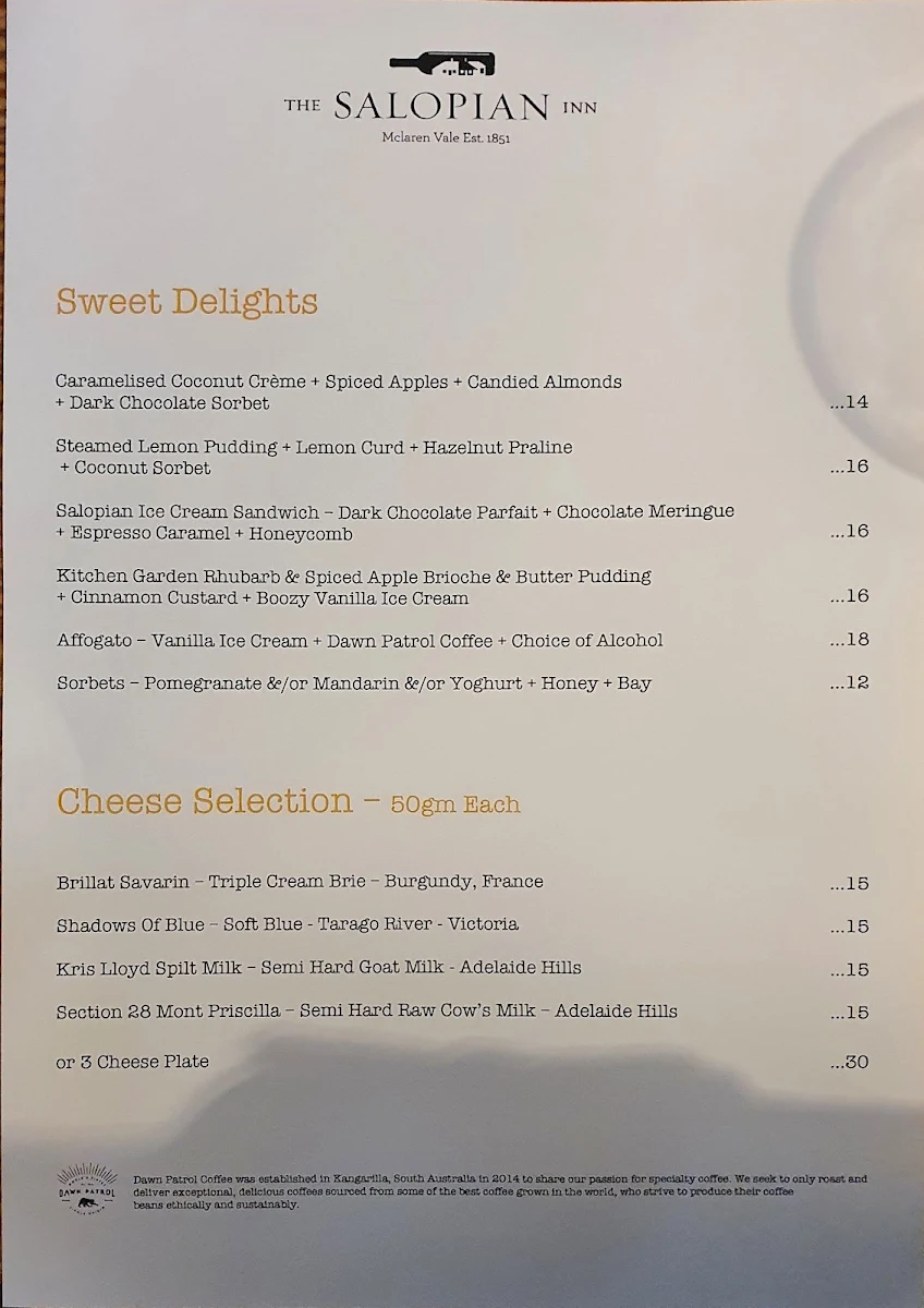 Menu, The Salopian Inn