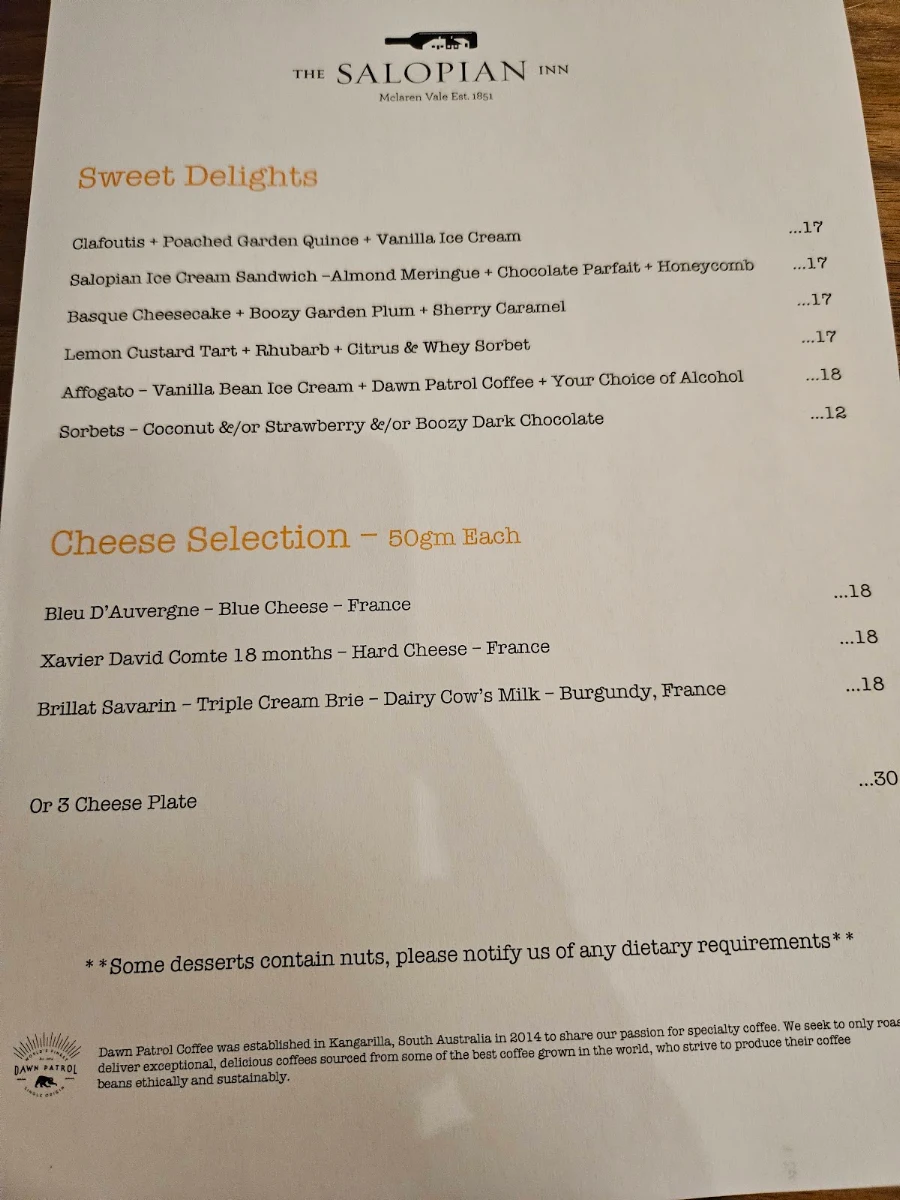 Menu, The Salopian Inn