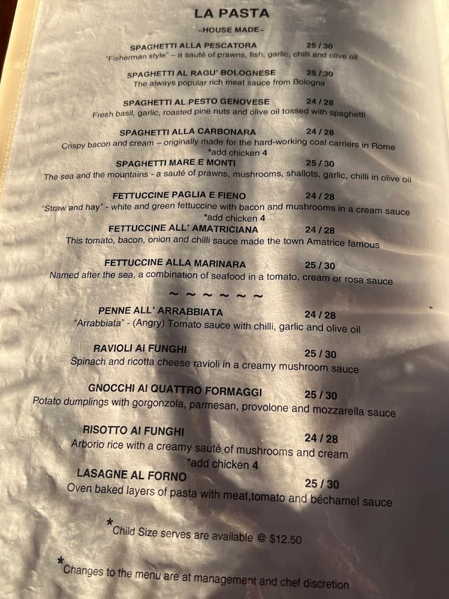 Menu, La Fettuccina Restaurant