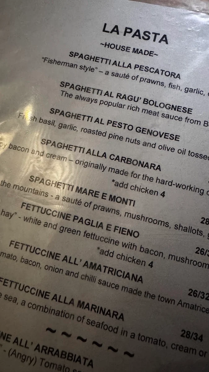 Menu, La Fettuccina Restaurant