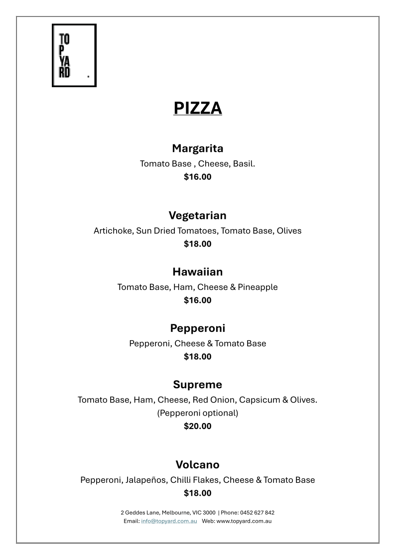 Menu, Top Yard Rooftop