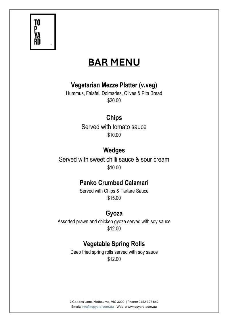 Menu, Top Yard Rooftop
