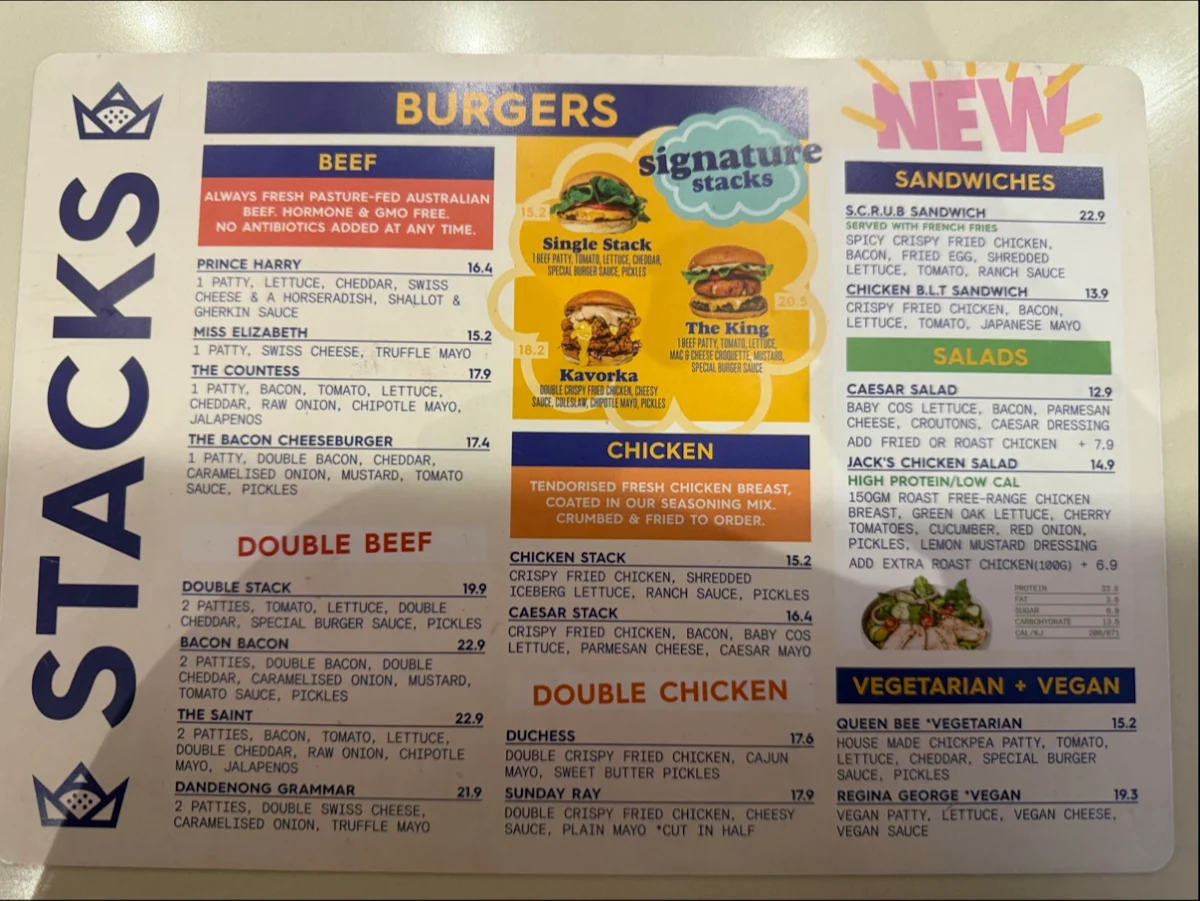 Menu, Royal Stacks Moonee Ponds