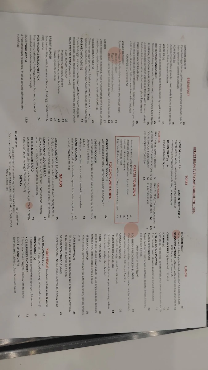 Menu, Velvet Bean@ Greensborough