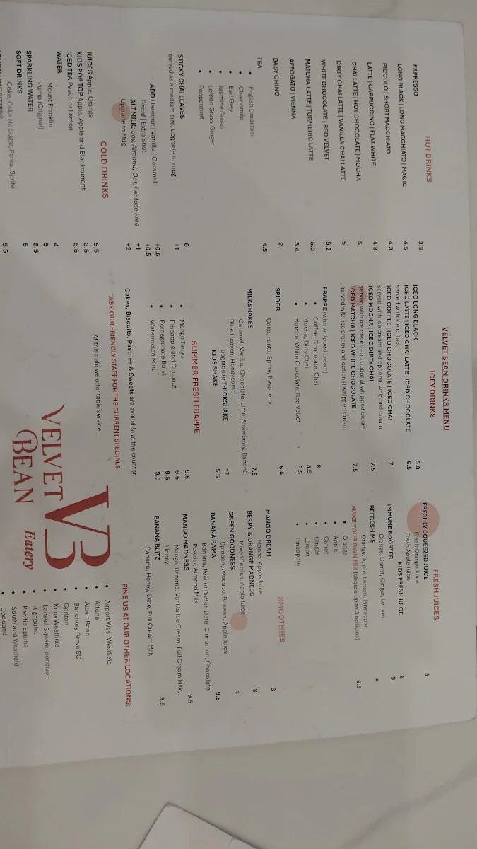 Menu, Velvet Bean@ Greensborough