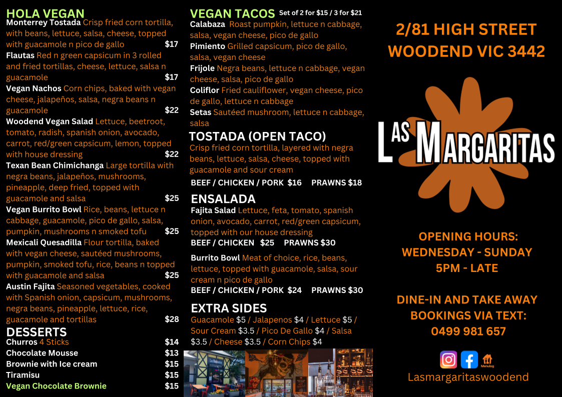 Menu, Las Margaritas Woodend