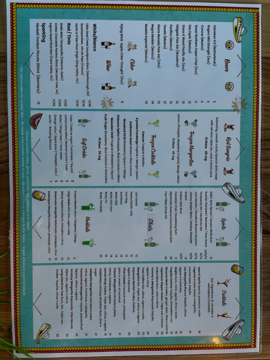 Menu, Las Margaritas Woodend