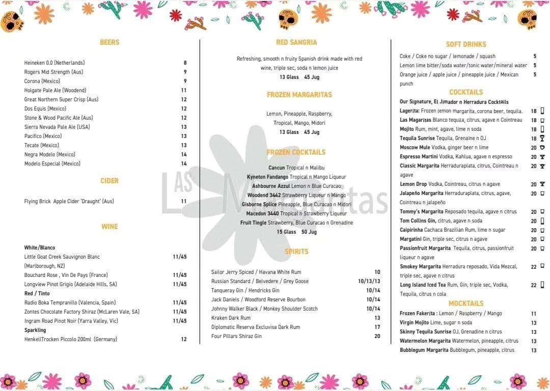 Menu, Las Margaritas Woodend