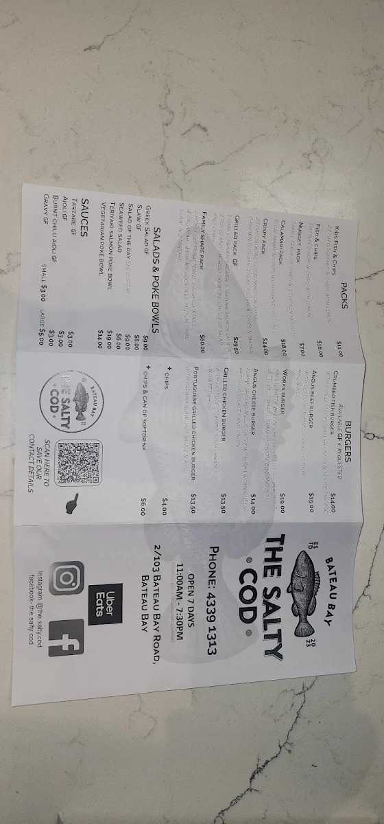 Menu, The Salty Cod