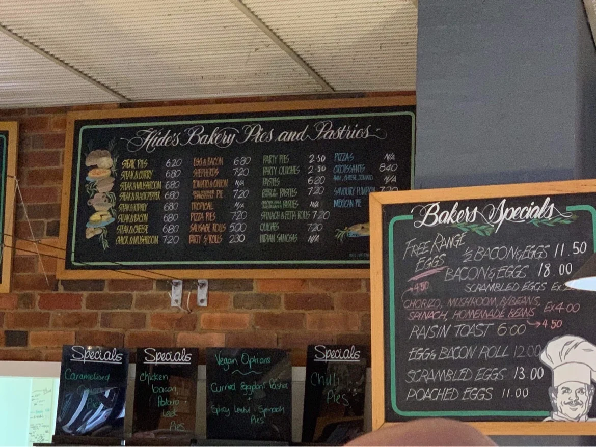 Menu, Hides Bakery