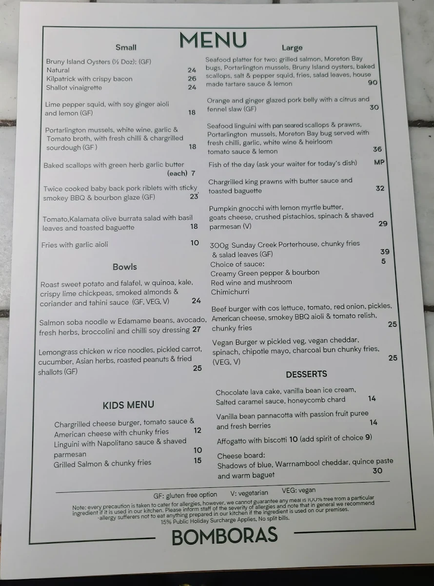 Menu, Bomboras