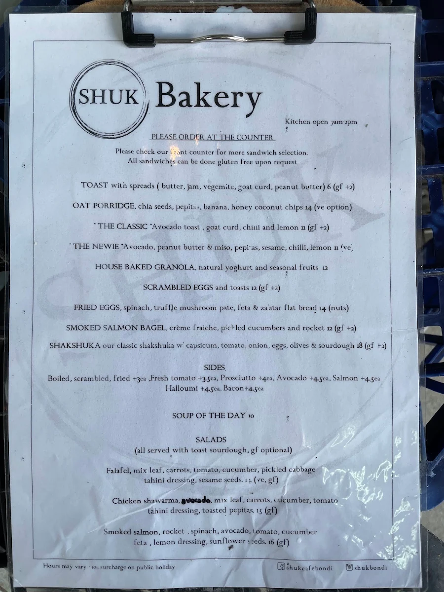Menu, Shuk Bakery