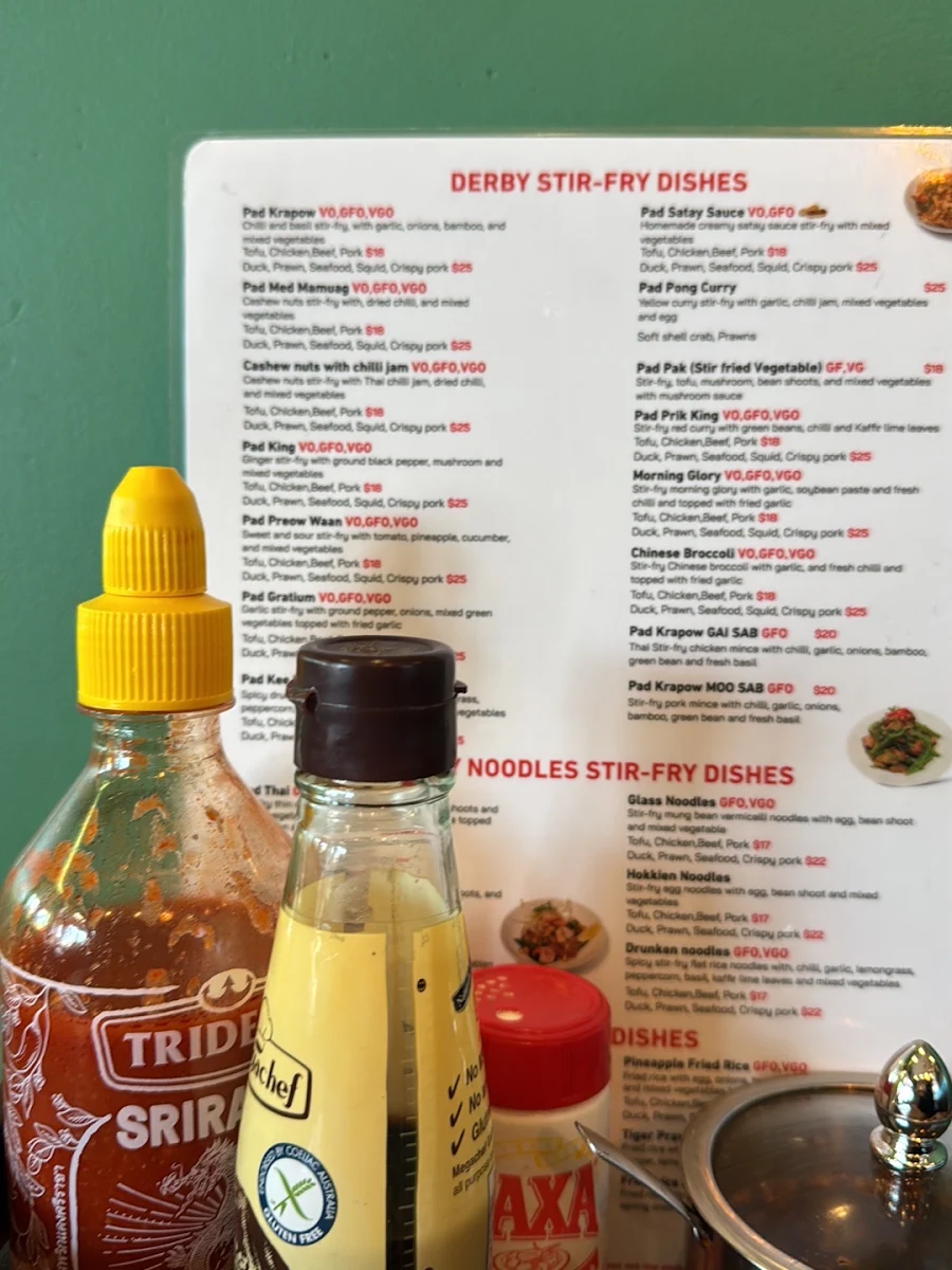 Menu, Derby Thai Caulfield