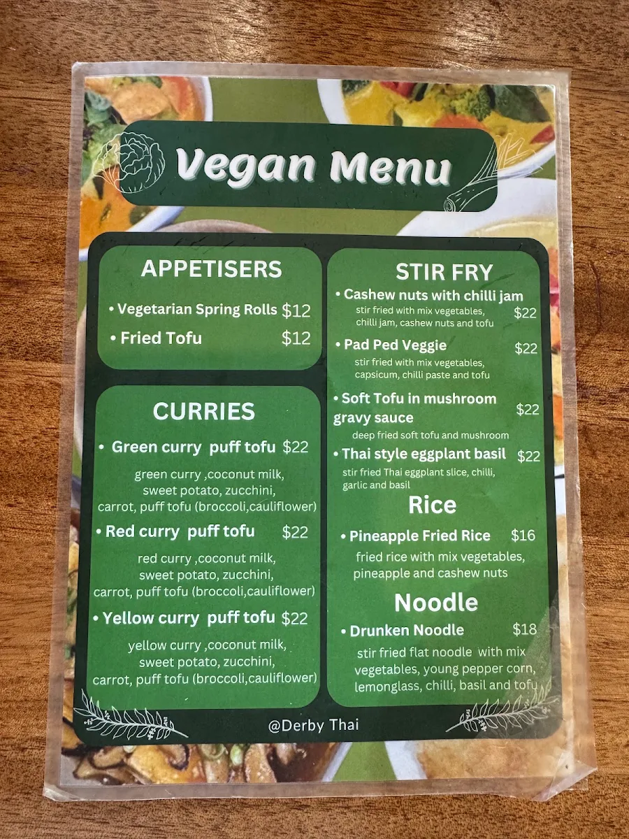 Menu, Derby Thai Caulfield