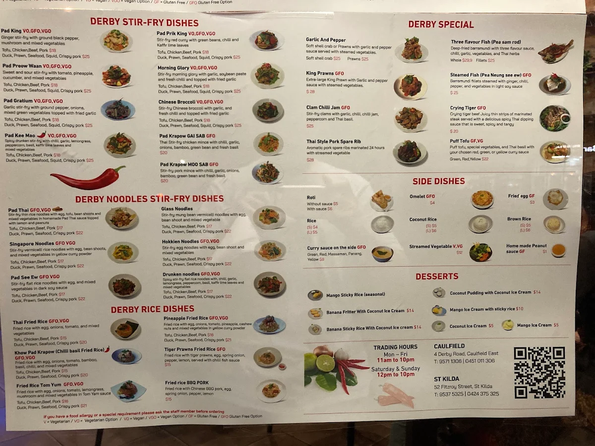 Menu, Derby Thai Caulfield