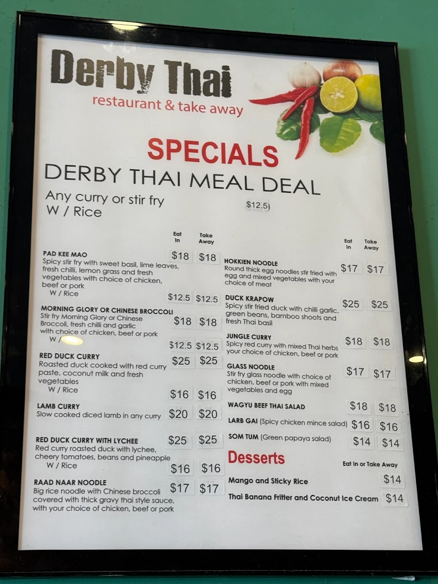 Menu, Derby Thai Caulfield