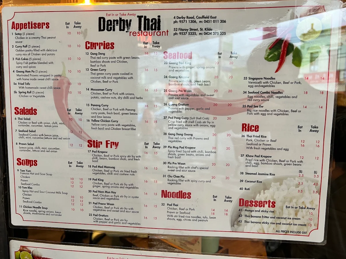 Menu, Derby Thai Caulfield