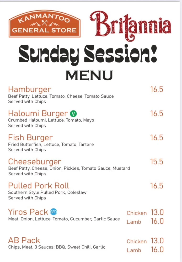 Menu, Britannia Kanmantoo