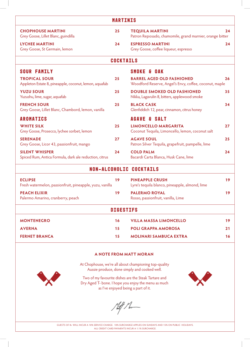 Menu, Chophouse Sydney
