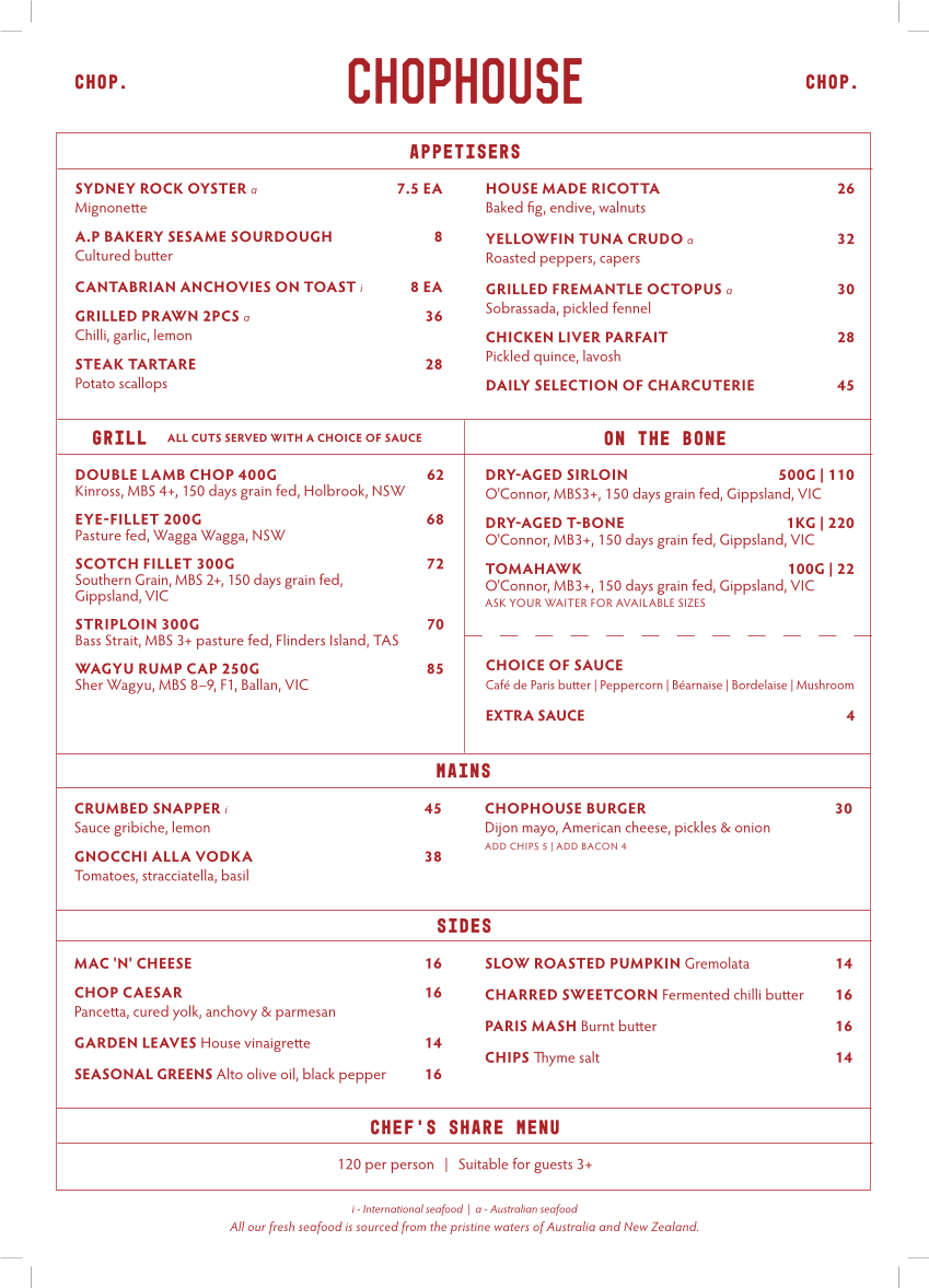 Menu, Chophouse Sydney