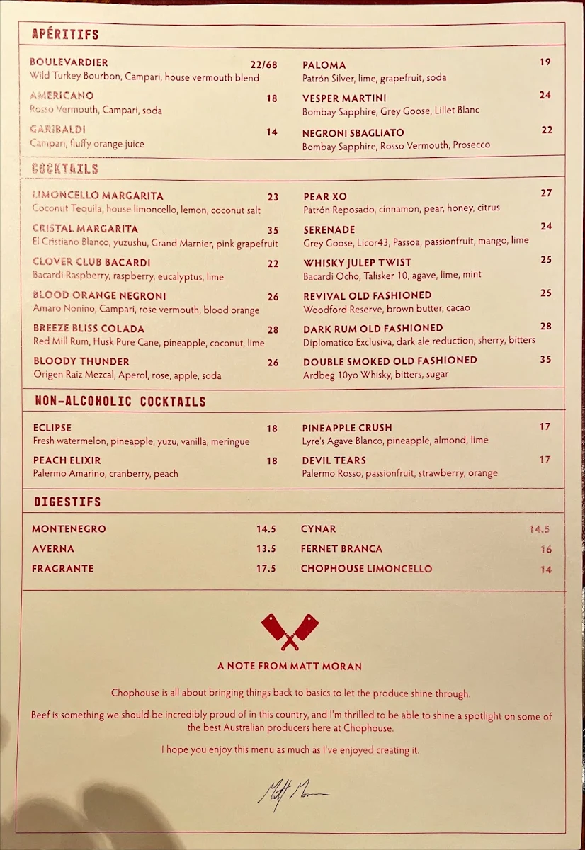 Menu, Chophouse Sydney