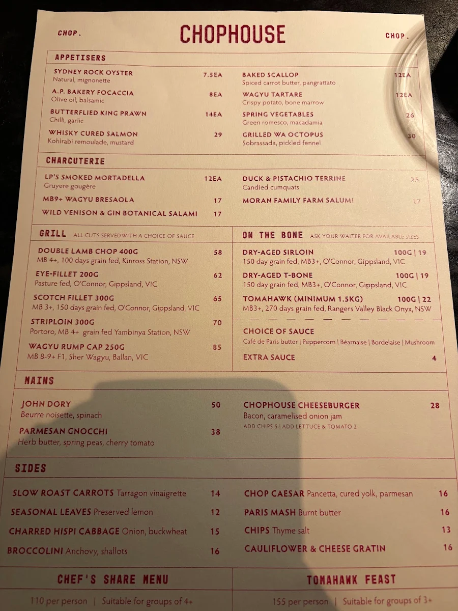 Menu, Chophouse Sydney