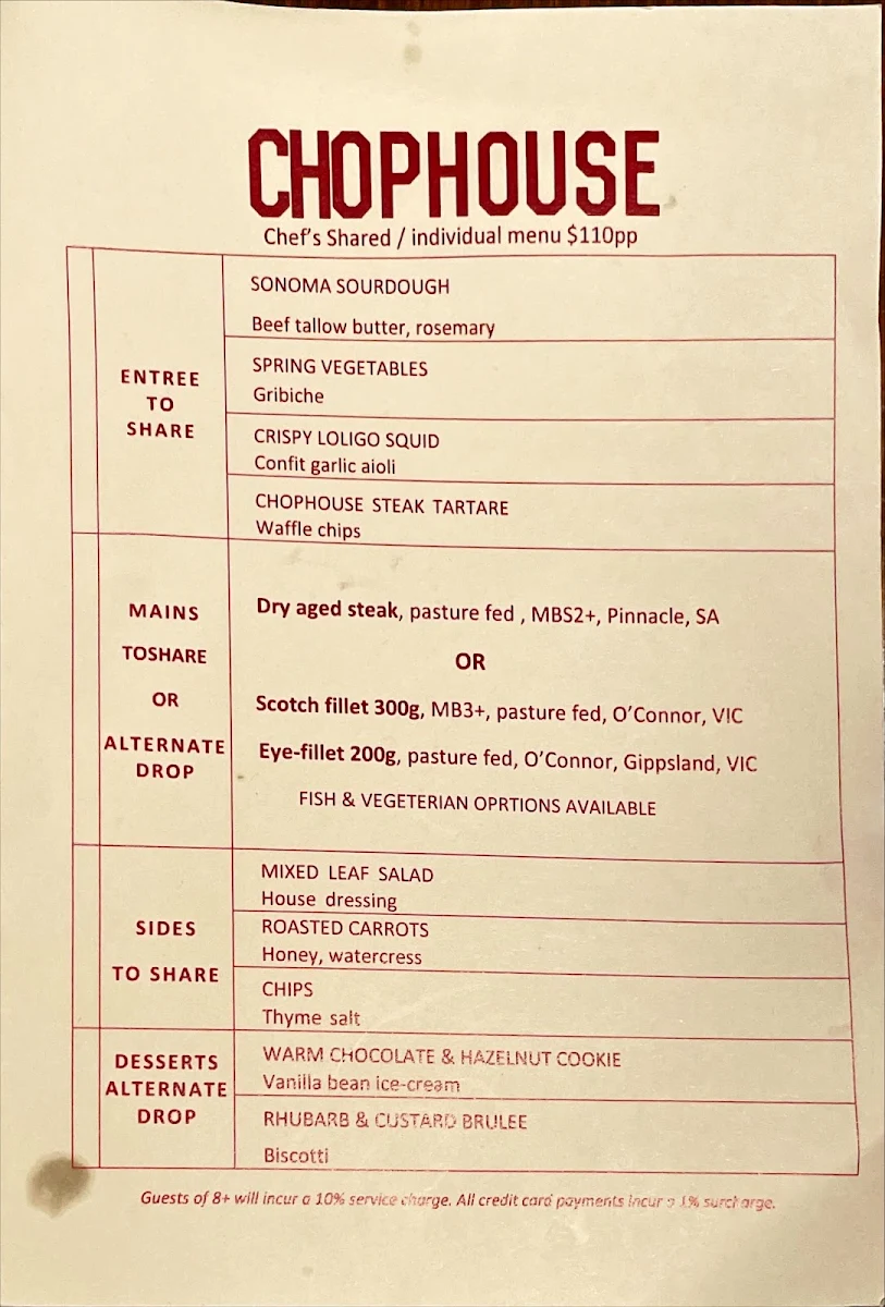 Menu, Chophouse Sydney