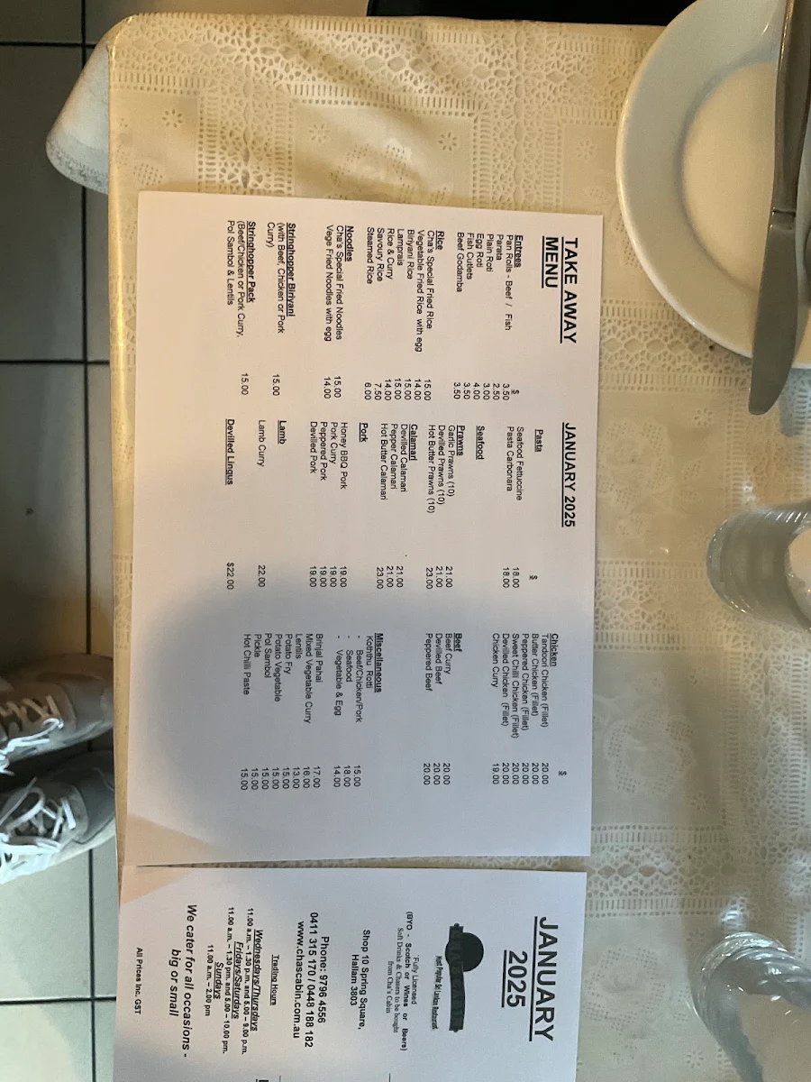 Menu, Cha's Cabin