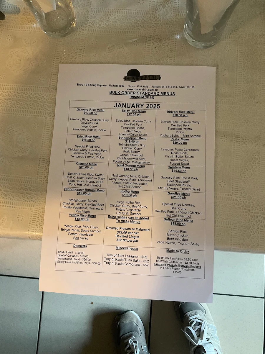 Menu, Cha's Cabin