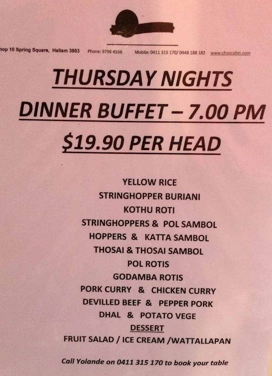 Menu, Cha's Cabin