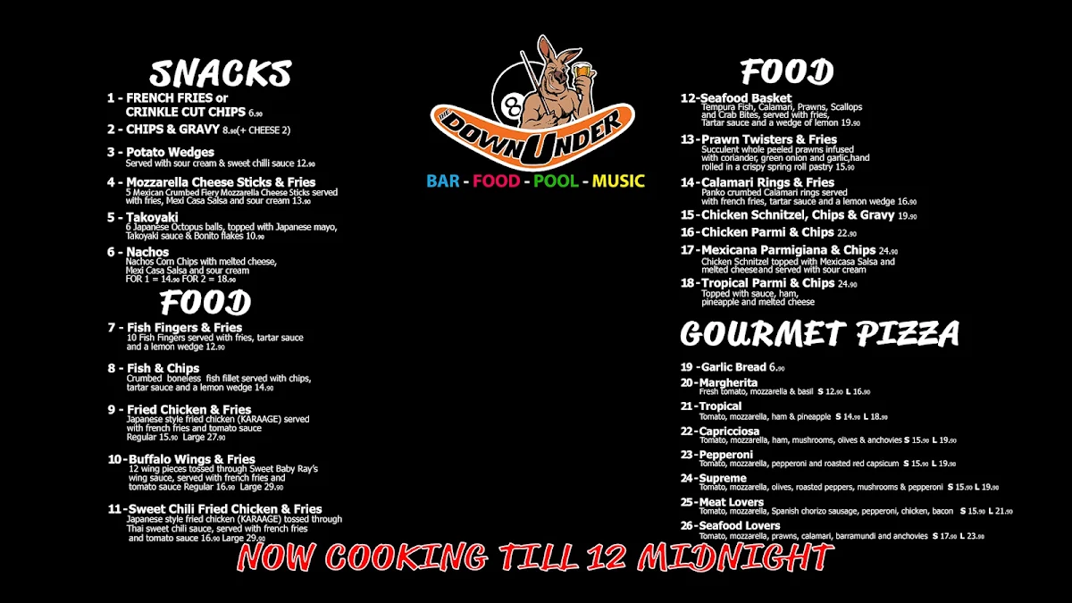 Menu, The Downunder Bar