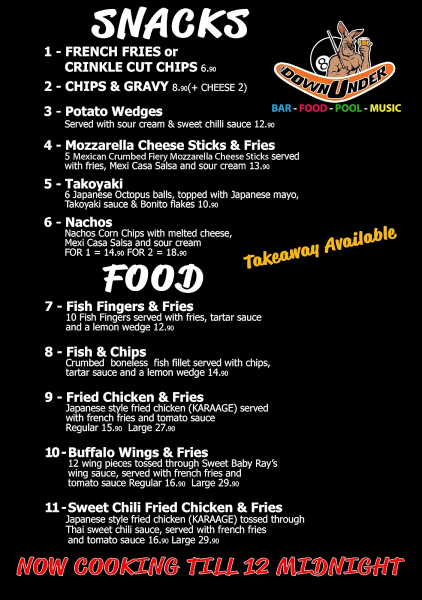 Menu, The Downunder Bar