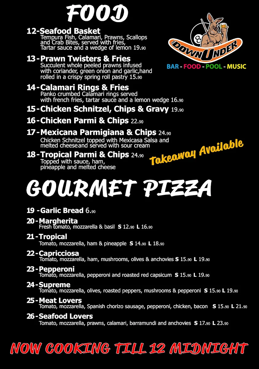 Menu, The Downunder Bar